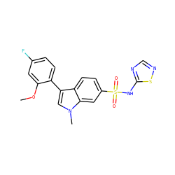 COc1cc(F)ccc1-c1cn(C)c2cc(S(=O)(=O)Nc3ncns3)ccc12 ZINC000205423076