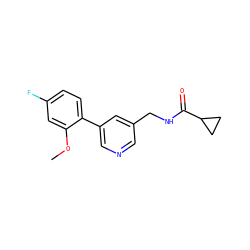 COc1cc(F)ccc1-c1cncc(CNC(=O)C2CC2)c1 ZINC000071340288