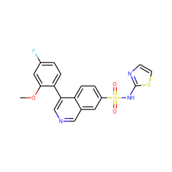 COc1cc(F)ccc1-c1cncc2cc(S(=O)(=O)Nc3nccs3)ccc12 ZINC000225047138