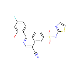 COc1cc(F)ccc1-c1ncc(C#N)c2cc(S(=O)(=O)Nc3nccs3)ccc12 ZINC000215516964