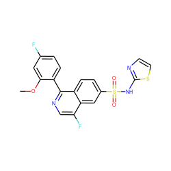 COc1cc(F)ccc1-c1ncc(F)c2cc(S(=O)(=O)Nc3nccs3)ccc12 ZINC000225102398