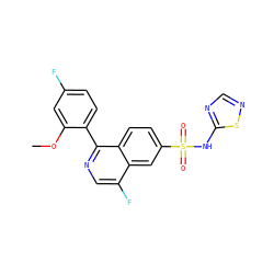 COc1cc(F)ccc1-c1ncc(F)c2cc(S(=O)(=O)Nc3ncns3)ccc12 ZINC000215516237