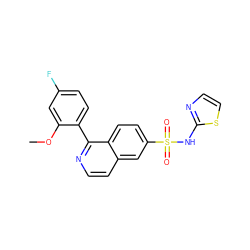 COc1cc(F)ccc1-c1nccc2cc(S(=O)(=O)Nc3nccs3)ccc12 ZINC000225108593