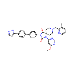 COc1cc(N2C(=O)N(c3ccc(-c4ccc(-c5ccn[nH]5)cc4)cc3)C(=O)C23CCN(Cc2ncccc2C)CC3)ncn1 ZINC000084670081