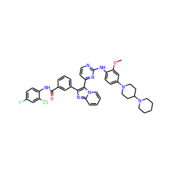 COc1cc(N2CCC(N3CCCCC3)CC2)ccc1Nc1nccc(-c2c(-c3cccc(C(=O)Nc4ccc(F)cc4Cl)c3)nc3ccccn23)n1 ZINC000165085082