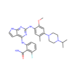 COc1cc(N2CCN(C(C)C)CC2)c(C)cc1Nc1nc(Nc2cccc(F)c2C(N)=O)c2cc[nH]c2n1 ZINC000053287871