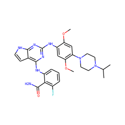 COc1cc(N2CCN(C(C)C)CC2)c(OC)cc1Nc1nc(Nc2cccc(F)c2C(N)=O)c2cc[nH]c2n1 ZINC000053287788