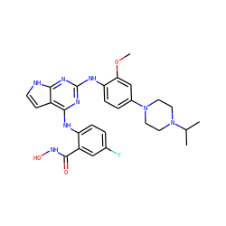 COc1cc(N2CCN(C(C)C)CC2)ccc1Nc1nc(Nc2ccc(F)cc2C(=O)NO)c2cc[nH]c2n1 ZINC000053287816
