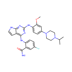 COc1cc(N2CCN(C(C)C)CC2)ccc1Nc1nc(Nc2ccc(F)cc2C(N)=O)c2cc[nH]c2n1 ZINC000053276066
