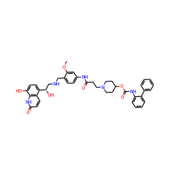 COc1cc(NC(=O)CCN2CCC(OC(=O)Nc3ccccc3-c3ccccc3)CC2)ccc1CNC[C@H](O)c1ccc(O)c2[nH]c(=O)ccc12 ZINC000299855598