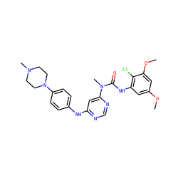 COc1cc(NC(=O)N(C)c2cc(Nc3ccc(N4CCN(C)CC4)cc3)ncn2)c(Cl)c(OC)c1 ZINC000072125206