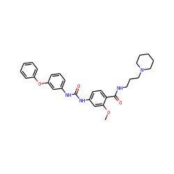 COc1cc(NC(=O)Nc2cccc(Oc3ccccc3)c2)ccc1C(=O)NCCCN1CCCCC1 ZINC000028383294