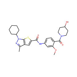 COc1cc(NC(=O)c2cc3c(C)nn(C4CCCCC4)c3s2)ccc1C(=O)N1CCC(O)CC1 ZINC000114712855