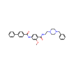 COc1cc(NC(=O)c2ccc(-c3ccccc3)cc2)ccc1C(=O)NCCN1CCN(Cc2ccccc2)CC1 ZINC000028389558