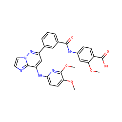 COc1cc(NC(=O)c2cccc(-c3cc(Nc4ccc(OC)c(OC)n4)c4nccn4n3)c2)ccc1C(=O)O ZINC000207390022