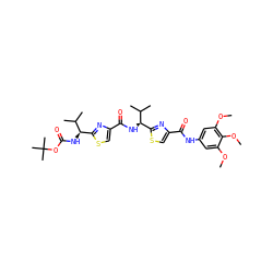 COc1cc(NC(=O)c2csc([C@@H](NC(=O)c3csc([C@@H](NC(=O)OC(C)(C)C)C(C)C)n3)C(C)C)n2)cc(OC)c1OC ZINC000169343795
