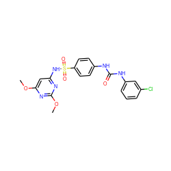 COc1cc(NS(=O)(=O)c2ccc(NC(=O)Nc3cccc(Cl)c3)cc2)nc(OC)n1 ZINC000001003809