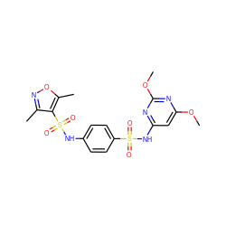 COc1cc(NS(=O)(=O)c2ccc(NS(=O)(=O)c3c(C)noc3C)cc2)nc(OC)n1 ZINC000008674504