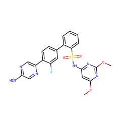 COc1cc(NS(=O)(=O)c2ccccc2-c2ccc(-c3cnc(N)cn3)c(F)c2)nc(OC)n1 ZINC000224769265