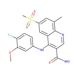 COc1cc(Nc2c(C(N)=O)cnc3c(C)cc(S(C)(=O)=O)cc23)ccc1F ZINC000040914152