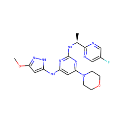 COc1cc(Nc2cc(N3CCOCC3)nc(N[C@@H](C)c3ncc(F)cn3)n2)[nH]n1 ZINC000066112758