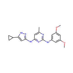 COc1cc(Nc2nc(C)cc(Nc3cc(C4CC4)[nH]n3)n2)cc(OC)c1 ZINC000203004371