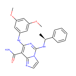 COc1cc(Nc2nc(N[C@@H](C)c3ccccc3)n3ccnc3c2C(N)=O)cc(OC)c1 ZINC000040414159