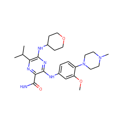 COc1cc(Nc2nc(NC3CCOCC3)c(C(C)C)nc2C(N)=O)ccc1N1CCN(C)CC1 ZINC000113476381