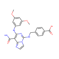 COc1cc(Nc2nc(NCc3ccc(C(=O)O)cc3)n3ccnc3c2C(N)=O)cc(OC)c1 ZINC000040933469