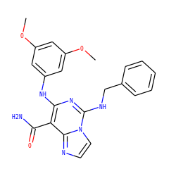 COc1cc(Nc2nc(NCc3ccccc3)n3ccnc3c2C(N)=O)cc(OC)c1 ZINC000040934211