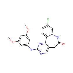 COc1cc(Nc2ncc3c(n2)-c2ccc(Cl)cc2NC(=O)C3)cc(OC)c1 ZINC000082150431