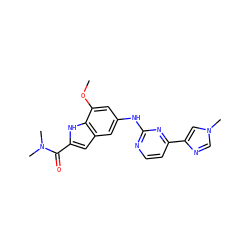 COc1cc(Nc2nccc(-c3cn(C)cn3)n2)cc2cc(C(=O)N(C)C)[nH]c12 ZINC000222324945