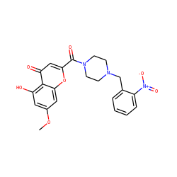 COc1cc(O)c2c(=O)cc(C(=O)N3CCN(Cc4ccccc4[N+](=O)[O-])CC3)oc2c1 ZINC000653795160