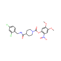 COc1cc(OC(=O)N2CCC(C(=O)NCc3ccc(Cl)cc3Cl)CC2)c([N+](=O)[O-])cc1OC ZINC000040913421