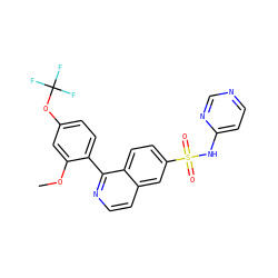 COc1cc(OC(F)(F)F)ccc1-c1nccc2cc(S(=O)(=O)Nc3ccncn3)ccc12 ZINC000225066091