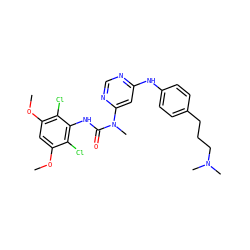 COc1cc(OC)c(Cl)c(NC(=O)N(C)c2cc(Nc3ccc(CCCN(C)C)cc3)ncn2)c1Cl ZINC000072124686
