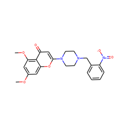 COc1cc(OC)c2c(=O)cc(N3CCN(Cc4ccccc4[N+](=O)[O-])CC3)oc2c1 ZINC000653806076