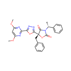 COc1cc(OC)nc(-c2nnc([C@@]3(Cc4ccccc4)OC(=O)N([C@H](C)c4ccccc4)C3=O)o2)n1 ZINC000169311895