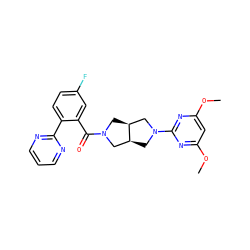 COc1cc(OC)nc(N2C[C@H]3CN(C(=O)c4cc(F)ccc4-c4ncccn4)C[C@H]3C2)n1 ZINC000116823527