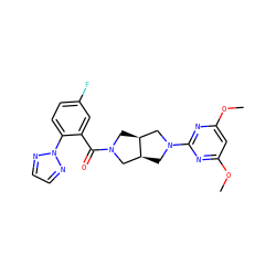 COc1cc(OC)nc(N2C[C@H]3CN(C(=O)c4cc(F)ccc4-n4nccn4)C[C@H]3C2)n1 ZINC000116828189