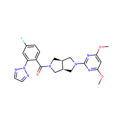 COc1cc(OC)nc(N2C[C@H]3CN(C(=O)c4ccc(F)cc4-n4nccn4)C[C@H]3C2)n1 ZINC000116822468