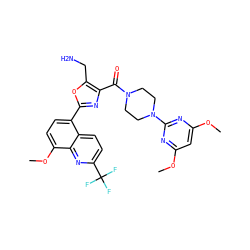 COc1cc(OC)nc(N2CCN(C(=O)c3nc(-c4ccc(OC)c5nc(C(F)(F)F)ccc45)oc3CN)CC2)n1 ZINC000028950260
