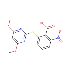 COc1cc(OC)nc(Sc2cccc([N+](=O)[O-])c2C(=O)O)n1 ZINC000103198979
