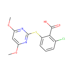 COc1cc(OC)nc(Sc2cccc(Cl)c2C(=O)O)n1 ZINC000002526778
