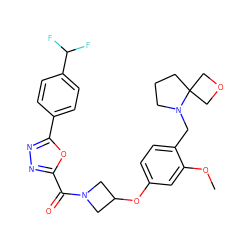 COc1cc(OC2CN(C(=O)c3nnc(-c4ccc(C(F)F)cc4)o3)C2)ccc1CN1CCCC12COC2 ZINC000169701438