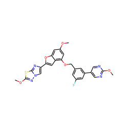 COc1cc(OCc2cc(F)cc(-c3cnc(OC)nc3)c2)c2cc(-c3cn4nc(OC)sc4n3)oc2c1 ZINC000205714194