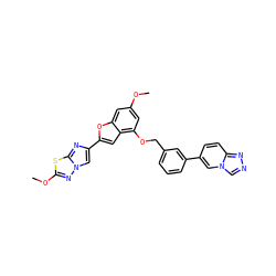 COc1cc(OCc2cccc(-c3ccc4nncn4c3)c2)c2cc(-c3cn4nc(OC)sc4n3)oc2c1 ZINC000205755959