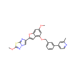COc1cc(OCc2cccc(-c3ccnc(C)c3)c2)c2cc(-c3cn4nc(OC)sc4n3)oc2c1 ZINC000653679908