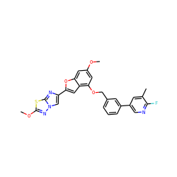 COc1cc(OCc2cccc(-c3cnc(F)c(C)c3)c2)c2cc(-c3cn4nc(OC)sc4n3)oc2c1 ZINC000653663538