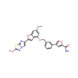 COc1cc(OCc2cccc(-c3coc(C(N)=O)c3)c2)c2cc(-c3cn4nc(OC)sc4n3)oc2c1 ZINC000205670052